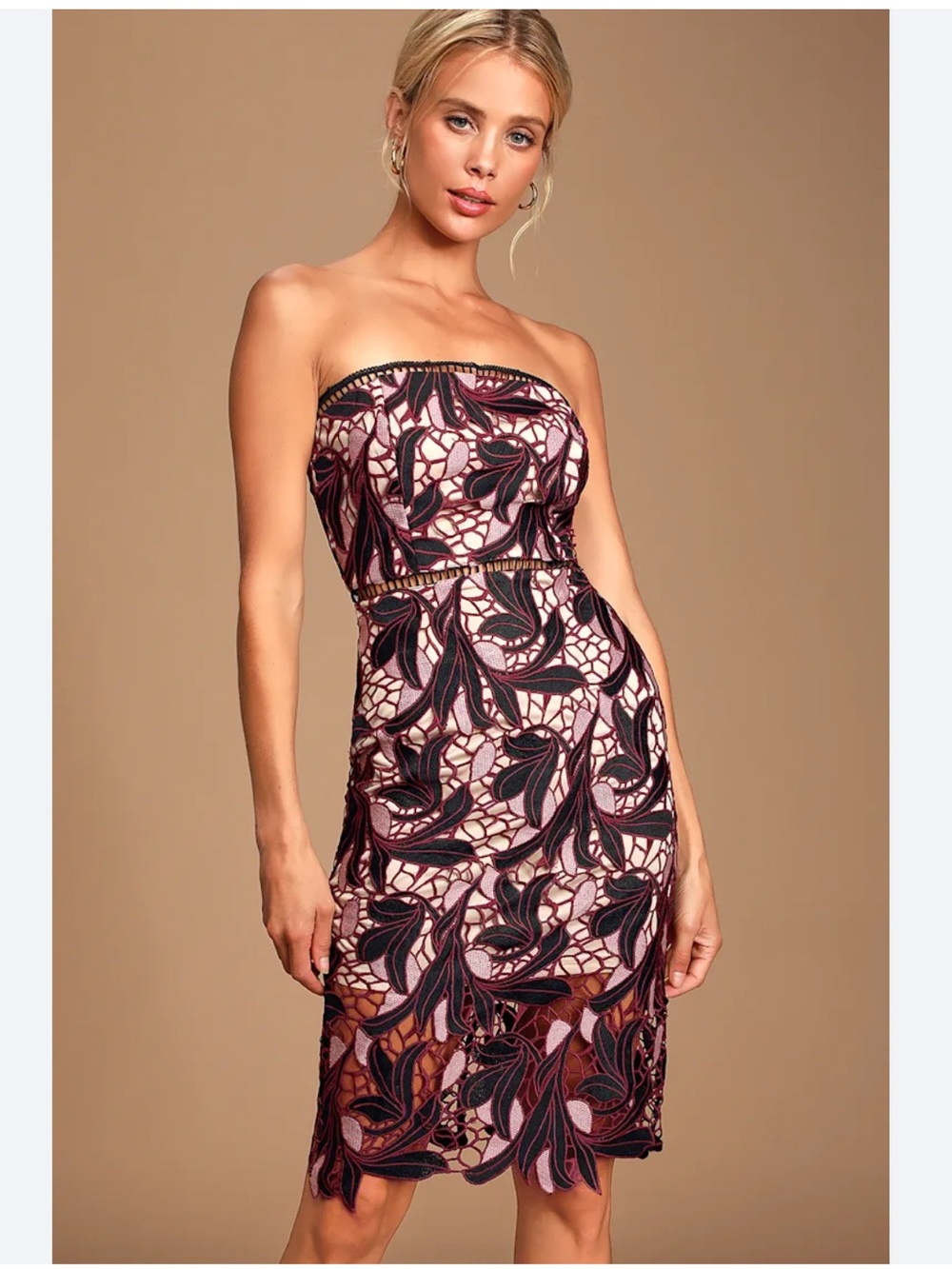 Lulus Jana Pink, Plum & Black Crochet Lace Strapless Bodycon Dress NWT Medium